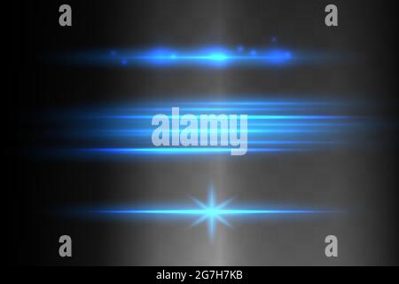 Blaue horizontale Fackeln Packung. Laserstrahlen, horizontale Lichtstrahlen.schöne Lichtfackeln. Stock Vektor