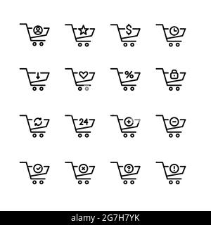 Warenkorb Symbole gesetzt. Hinzufügen, Löschen, Neu, Sichern und Verkaufen. Pixelgenaue, bearbeitbare Kontur. Stock Vektor