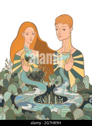 Mensch und Natur in Harmonie. Innere Balance, Frieden und Ruhe. Stock Vektor