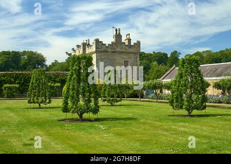 Der Mellenium Garden in Floors Castle mit französischem Parterre mit traditionellen Apfel- und Birnenbäumen. Stockfoto