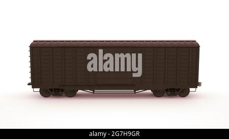 3d-Bild Eisenbahnwagen, Logistik. Gütertransport mit der Bahn, Lokomotive. Grafikdesign-Element auf weißem Hintergrund isoliert. Stockfoto