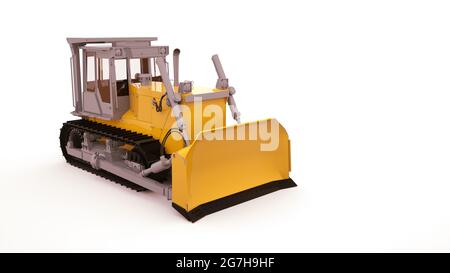 Moderner gelber Traktor, isoliertes Illustrationsobjekt auf weißem Hintergrund. Landmaschinen, großer Traktor, 3d-Illustration. Stockfoto