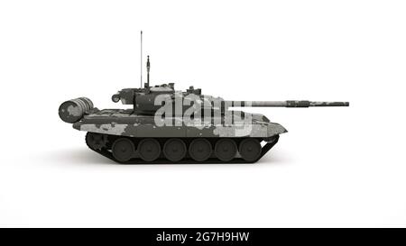 Militärfahrzeug, Tarntank. Isoliertes grafisches Design-Element auf weißem Hintergrund, Tank mit Maulkorb und Schienen. Seitenansicht. Stockfoto