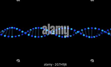 3d-Bild Zellstruktur eines Gens, dna-Modell, Elemente auf schwarzem Hintergrund isoliert. Chemische Struktur von Zellen und Molekülen, Verbindung von Atomen un Stockfoto