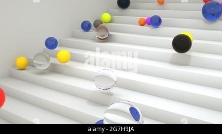 3d-Illustration, bunte Kugeln Rollen die Stufen hinunter. Bildschirmschoner für Werbung, dekoratives Design-Element. Stockfoto