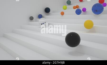 3d-Objekte visueller Werbung, Kugeln in verschiedenen Größen und Farben Rollen entlang der Stufen. Werbesplash, kreative Design-Elemente. Stockfoto