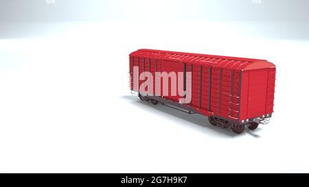 3d-Bild eines roten Eisenbahnwagens. Grafikdesign-Element auf weißem Hintergrund isoliert. Logistik, Gütertransport auf der Schiene. Stockfoto