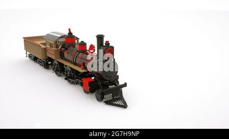 3d-Bild einer Eisenbahnlokomotive. Eisenbahnwaggon, Design-Element auf weißem Hintergrund. Stockfoto