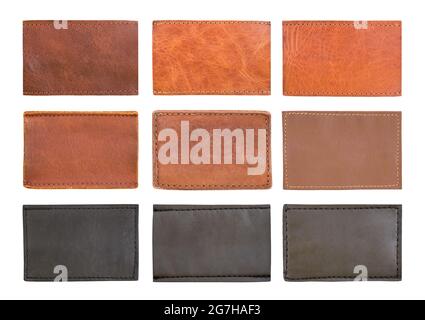 Blank braune Leder Jeans Etiketten isoliert auf weißem Hintergrund Stockfoto