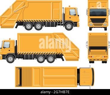Müllwagen Vektor-Vorlage mit einfachen Farben ohne Verläufe und Effekte. Ansicht von der Seite, vorne, hinten und oben Stock Vektor