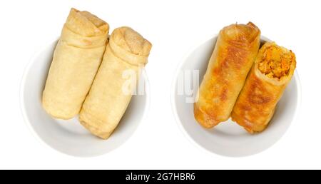 Frühlingsrollen in weißen Schalen. Ungebraten und in einer Pfanne knusprig gebratene Frühlingsrollen. Mit Gemüse gefüllte und gerollte Verpackungen, Vorspeisen der asiatischen Küche. Stockfoto