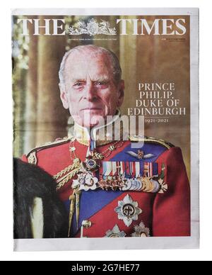 Die Titelseite der Times mit dem Tod von Prinz Philip am 9. April 2021 Stockfoto