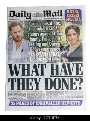 Die Titelseite der Daily Mail mit der Überschrift Was haben sie über den Herzog und die Herzogin von Sussex gemacht, interviewte Oprah im März 2021 Stockfoto