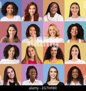 Happy Millennial Damen verschiedenen Nationalitäten auf bunten Studio Hintergründe, Collage für weibliche Schönheit Konzept. Attraktive multirassische Frauen Stud Stockfoto