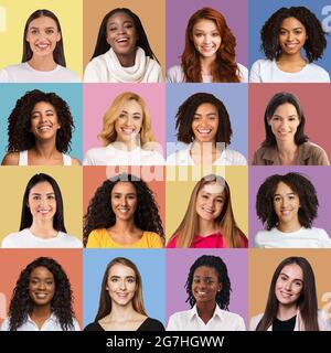 Studentinnen verschiedener Nationalitäten, Sammlung von Porträts. Fotos von positiven jungen Damen, die vor der Kamera lächeln, auf einem farbenfrohen Studio-Backgro Stockfoto