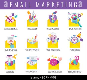 Symbole für E-Mail-Marketingstrategie festgelegt. Digitales Marketing. Stock Vektor