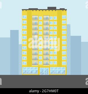 Mehrstöckiges gelbes Gebäude in flacher Vektorgrafik im Cartoon-Stil. Design für Immobilien-Agentur und Business-Websites Stock Vektor