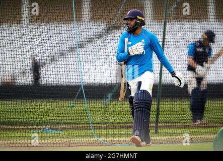 Adil Rashid, Englands, während der Nets-Sitzung an der Trent Bridge, Nottingham. Bilddatum: Mittwoch, 14. Juli 2021. Stockfoto