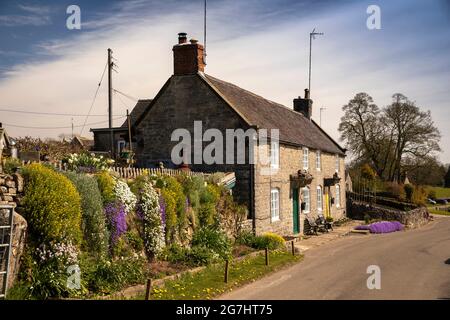 Großbritannien, England, Derbyshire, Tissington, mit Blumen gefüllte Mauer von Sharplow Cottage am Rande des Dorfes Stockfoto