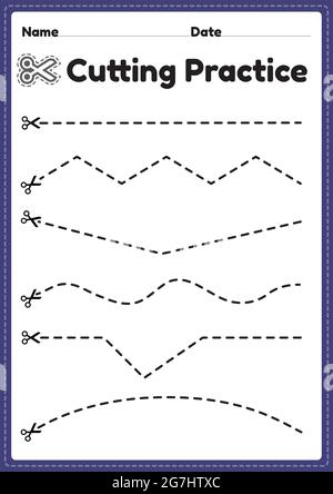 Schnittfähigkeiten Kinder im Vorschulalter und Kindergarten schneiden das Papier mit einer Schere, um die motorischen Fähigkeiten zu verbessern, Koordination und entwickeln kleine Muskeln Kinder Stock Vektor