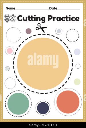 Scherenarbeit für Kinder im Vorschulalter und Kindergarten, um das Papier zu schneiden, um die motorischen Fähigkeiten zu verbessern, die Koordination zu verbessern und kleine Muskeln zu entwickeln Stock Vektor