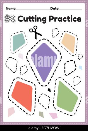 Scherenarbeit für Kinder im Vorschulalter, um das Papier mit einer Schere zu schneiden, um die motorischen Fähigkeiten zu verbessern, die Koordination zu verbessern und kleine Muskeln für den Kindergarten zu entwickeln Stock Vektor