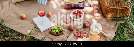 Buch, leckere Früchte und Wein auf Decke im Park, Banner Stockfoto