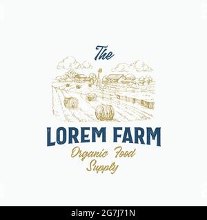Local Farm Retro-Abzeichen oder Logo-Vorlage. Handgezeichnete ländliche Landschaftsplanung mit Windmühle, Haystack mit Typografie Layout. Vintage Sketch Emblem Stock Vektor