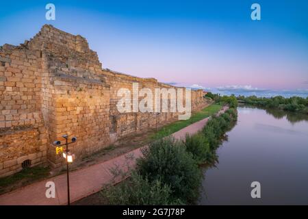 Maurische Festung von Merida bei Sonnenuntergang Stockfoto