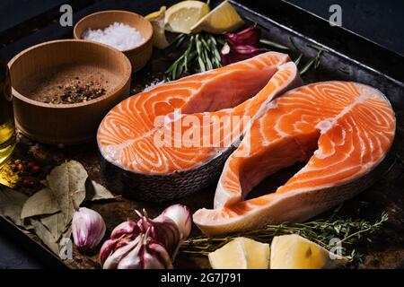 Lachssteaks. Scheiben frischer Lachs mit Gewürzen, Kräuter auf Metalltablett, Draufsicht Stockfoto