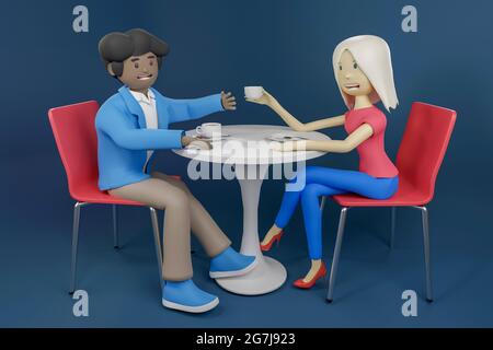 Dating im Café mit einer Tasse Kaffee. 3D gerenderte Illustration mit zwei Comic-Figuren schwarzen Mann und blonde Frau Stockfoto