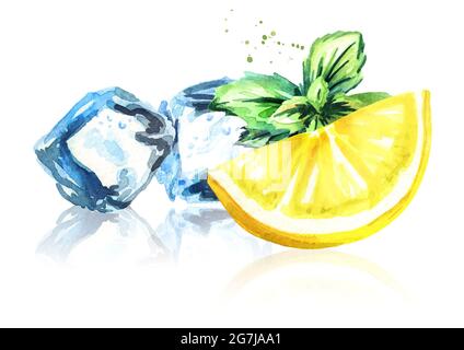 Eiswürfel, Zitronen- und Minzblätter isoliert auf weißem Hintergrund. Aquarell handgezeichnete Illustration Stockfoto