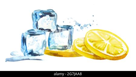 Eiswürfel und Zitrone isoliert auf weißem Hintergrund. Aquarell handgezeichnete horizontale Illustration Stockfoto