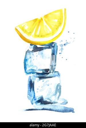 Eiswürfel und vertikale Zitronenzusammensetzung isoliert auf weißem Hintergrund. Aquarell handgezeichnete Illustration Stockfoto