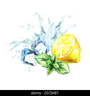 Eiswürfel, Minzblätter, Wasserspritzer und Zitrone isoliert auf weißem Hintergrund. Aquarell handgezeichnete Illustration Stockfoto