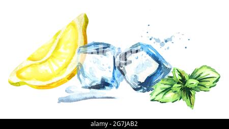 Eiswürfel, Zitronen- und Minzblätter isoliert auf weißem Hintergrund. Aquarell handgezeichnete horizontale Illustration Stockfoto
