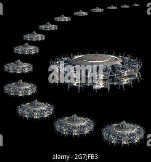 Collage von 3D-UFO-Raumschiff-Instanzen, isoliert auf schwarz mit dem Clipping-Pfad in der Abbildung enthalten, für Science-Fiction-Kunstwerk oder Video-Gam Stockfoto