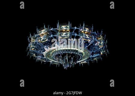 3D-Illustration eines futuristischen, auf Schwarz isolierten UFO-Raumschiffs mit Beschneidungspfad für Sci-Fi-Hintergründe oder interstellare Tiefraumreisen Stockfoto
