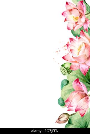 Rosa Lotusblumen mit grünen Blättern Rand, Grußkarte Vorlage. Handgezeichnete botanische Aquarellillustration isoliert auf weißem Hintergrund Stockfoto
