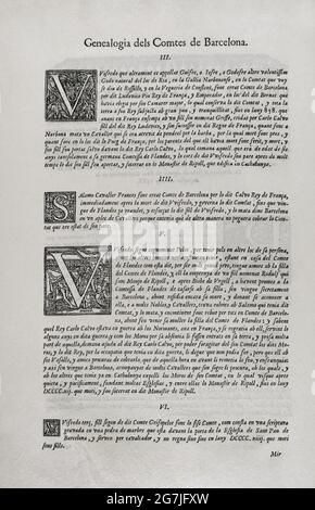 Constitutions y Altres Drets de Cathalunya, compilats en virtut del Capítol de Cort LXXXII, de las Corts per la S.C.Y.R. Majestat del rey Don Philip IV, nostre senyor celebradas en la ciutat de Barcelona any MDCII. (Verfassungen und andere Rechte Kataloniens, die gemäß dem Gerichtskapitel LXXXII der Gerichte unter dem Vorsitz von Philip V. erstellt wurden und die in der Stadt Barcelona abgehalten wurden. L 1702, S. Erster Band. Gedruckt im Haus von Joan Pau Martí und Joseph Llopis Estampers, 1704. Inbegriff der Familie der Grafen von Barcelona. Historische Militärbibliothek von Barcelona, Katalonien, Spanien. Stockfoto