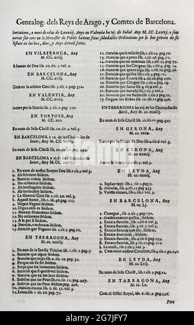 Constitutions y Altres Drets de Cathalunya, compilats en virtut del Capítol de Cort LXXXII, de las Corts per la S.C.Y.R. Majestat del rey Don Philip IV, nostre senyor celebradas en la ciutat de Barcelona any MDCII. (Verfassungen und andere Rechte Kataloniens, die gemäß dem Gerichtskapitel LXXXII der Gerichte unter dem Vorsitz von Philip V. erstellt wurden und die in der Stadt Barcelona abgehalten wurden. L 1702, S. Erster Band. Gedruckt im Haus von Joan Pau Martí und Joseph Llopis Estampers, 1704. Genealogie der Könige von Aragon und der Grafen von Barcelona. Historische Militärbibliothek von Barcelona, Katalonien, Spanien Stockfoto