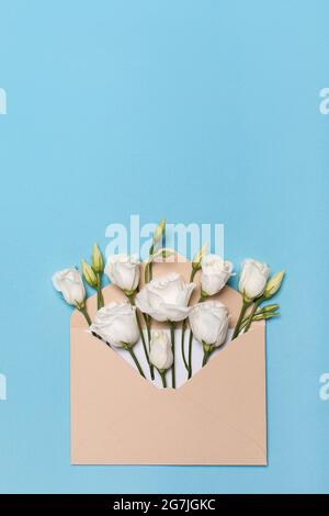 Vertikal geschossene Blütenknospe liegen flach in einem Umschlag lisianthus oder eustoma, texas Glocke und Präriegenzian, irische Rose, auf pastellblauem Hintergrund mit Cop Stockfoto