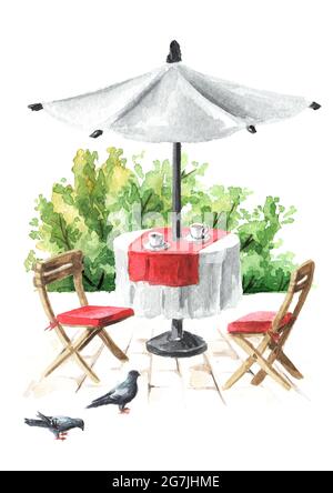 Sommercafe. Tisch und Stühle. Aquarell handgezeichnete Illustration, isoliert auf weißem Hintergrund Stockfoto