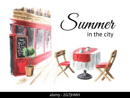 Sommer Street Cafe in der City Card, Aquarell handgezeichnete Illustration, isoliert auf weißem Hintergrund Stockfoto