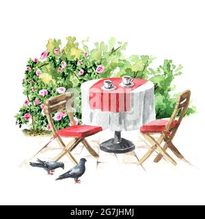 Sommercafe. Tisch und Stühle in der Nähe des Rosenbusches. Aquarell handgezeichnete Illustration, isoliert auf weißem Hintergrund Stockfoto