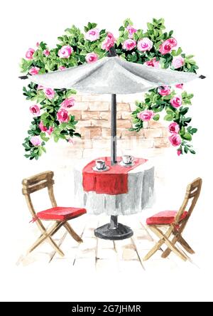 Sommercafe. Tisch, Sonnenschirm und Stühle in der Nähe des Rosenbusches, Aquarell, handgezeichnet, isoliert auf weißem Hintergrund Stockfoto