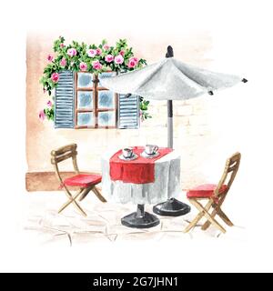 Sommercafe. Tisch, Sonnenschirm und Stühle in der Nähe des Hauses mit Fenster, Aquarell handgezeichnet, isoliert auf weißem Hintergrund Stockfoto