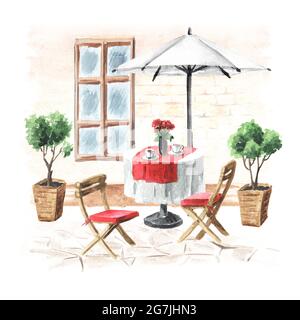 Sommercafe. Tisch, Sonnenschirm und Stühle in der Nähe des Hauses mit Fenster, Aquarell handgezeichnete Illustration isoliert auf weißem Hintergrund Stockfoto