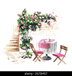 Sommercafe. Tisch und Stühle in der Nähe des Rosenbuschs, Aquarell, handgezeichnet, isoliert auf weißem Hintergrund Stockfoto