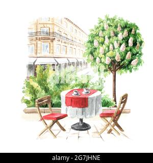 Sommer Straßencafé in der Stadt, Aquarell handgezeichnete Illustration, isoliert auf weißem Hintergrund Stockfoto